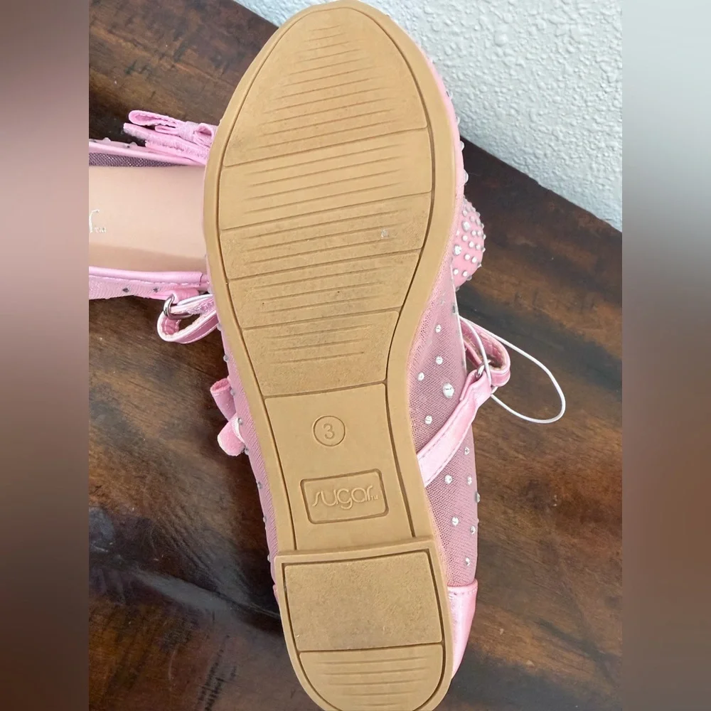 Sugar  Flats Shoes Big Girl Size 3M – Pink with Sparkly Rhinestones & Bow  New